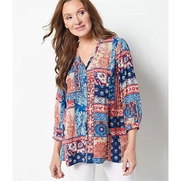 Susan Graver 3X Printed Woven Button Front Hi-Low Shirt 3/4 Sleeve Red Blue NWT - Picture 1 of 4